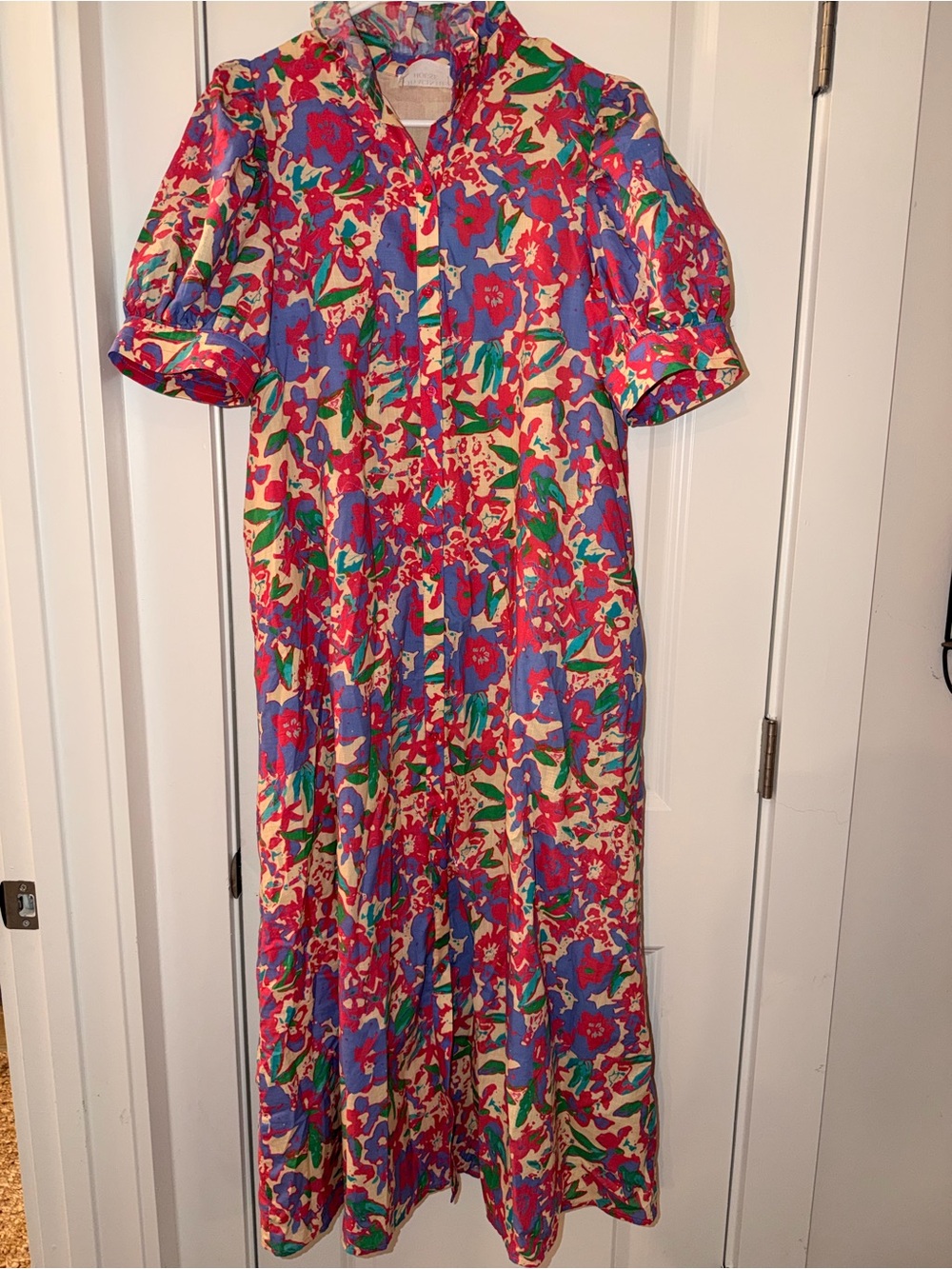 Floral Puff-Sleeve Maxi Dress in Red, Blue & Green